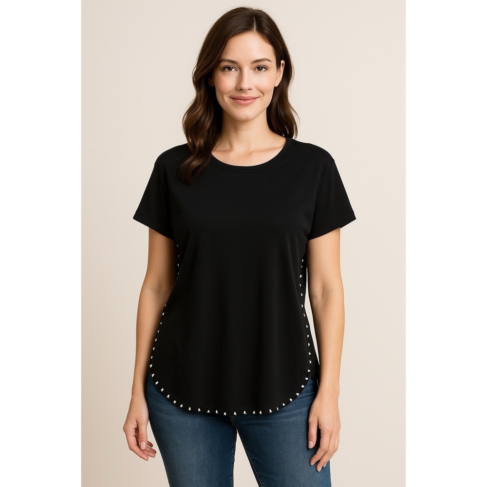 Chicos Women's Blpuse  Size 1 US Medium Black B Stretch Short Sleeve Minimalist